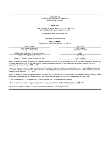 Thumbnail First Bancorp
 10-Q Quarterly Report FY2015 