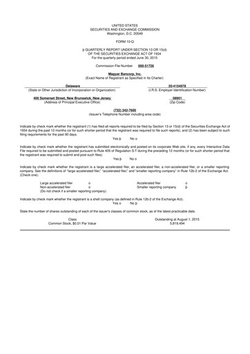 Miniature Magyar Bancorp 10-Q Rapport trimestriel 2015 