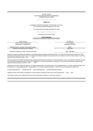 Thumbnail First Bancorp
 10-Q Quarterly Report FY2015 