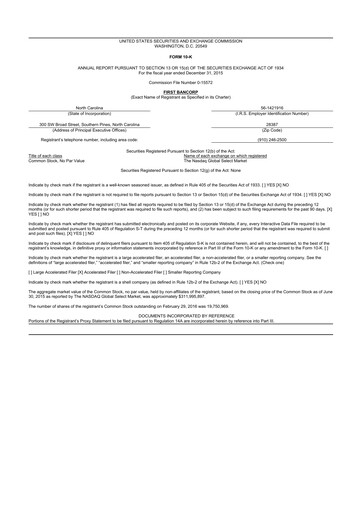 Thumbnail First Bancorp
 10-K Annual Report 2015