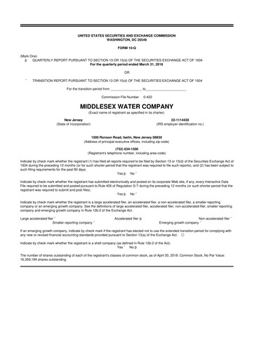 Thumbnail Middlesex Water Company
 10-Q Quarterly Report FY2018 