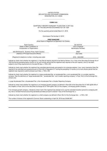 Thumbnail First Bancorp
 10-Q Quarterly Report FY2018 