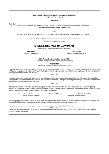 Thumbnail Middlesex Water Company
 10-Q Quarterly Report FY2018 