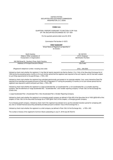 Thumbnail First Bancorp
 10-Q Quarterly Report FY2018 