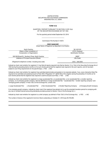 Thumbnail First Bancorp
 10-Q Quarterly Report FY2018 