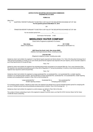 Thumbnail Middlesex Water Company
 10-Q Quarterly Report FY2019 