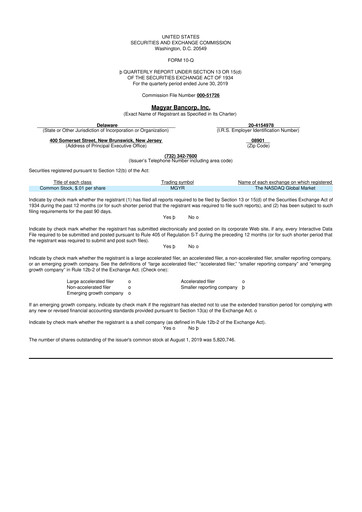 Miniature Magyar Bancorp 10-Q Rapport trimestriel 2019 
