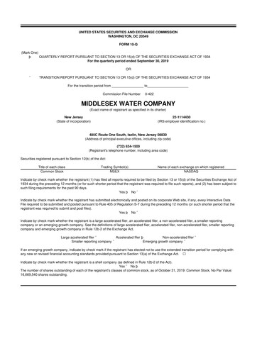 Thumbnail Middlesex Water Company
 10-Q Quarterly Report FY2019 