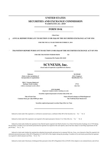 Thumbnail SCYNEXIS 10-K Annual Report 2014