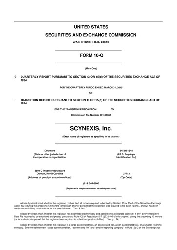 Thumbnail SCYNEXIS 10-Q Quarterly Report FY2015 