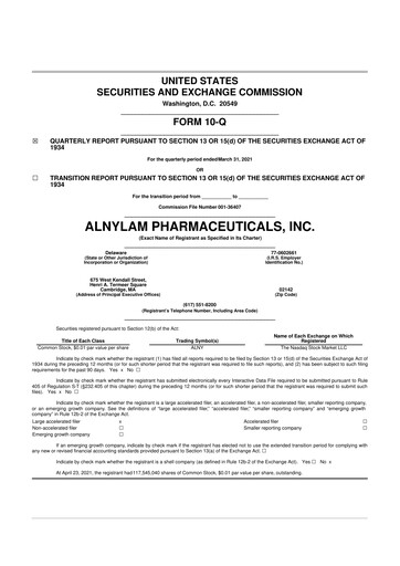 Thumbnail Alnylam Pharmaceuticals
 10-Q Quarterly Report FY2021 
