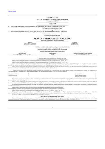 Thumbnail Alnylam Pharmaceuticals
 10-K Annual Report 2022