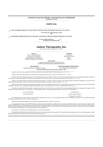 Thumbnail Amicus Therapeutics
 10-K Annual Report 2018