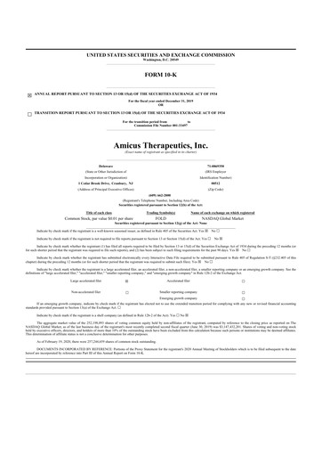 Thumbnail Amicus Therapeutics
 10-K Annual Report 2019