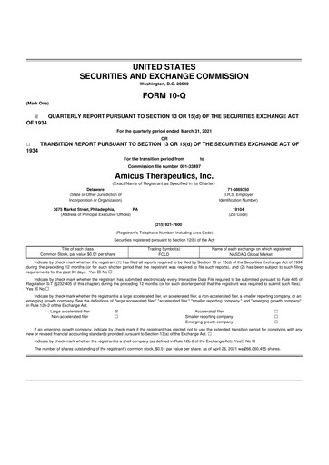 Vorschaubild Amicus Therapeutics
 10-Q Quartalsbericht 2021 