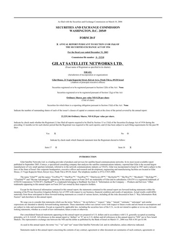 Thumbnail Gilat Satellite Networks 20-F Annual Report 