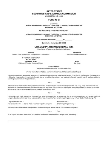 Miniature Oramed Pharmaceuticals 10-Q Rapport trimestriel  