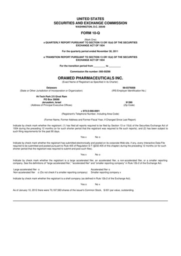 Miniature Oramed Pharmaceuticals 10-Q Rapport trimestriel 2012 