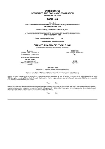 Miniature Oramed Pharmaceuticals 10-Q Rapport trimestriel 2012 