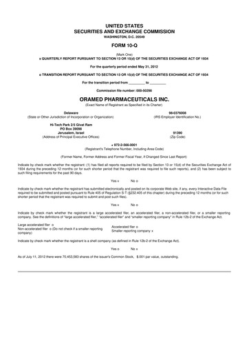 Miniature Oramed Pharmaceuticals 10-Q Rapport trimestriel 2012 