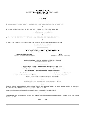 Thumbnail Nova Ltd.
 20-F Annual Report 2012