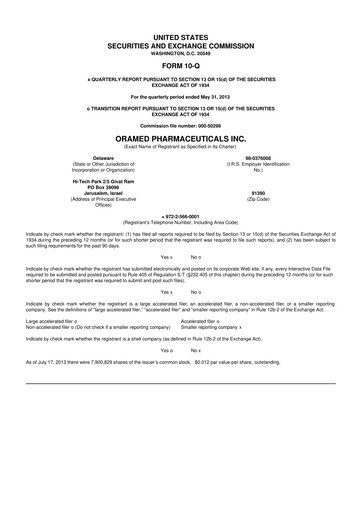 Miniature Oramed Pharmaceuticals 10-Q Rapport trimestriel 2013 