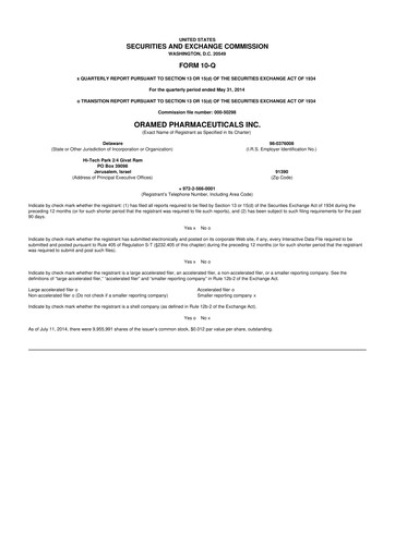 Miniature Oramed Pharmaceuticals 10-Q Rapport trimestriel 2014 