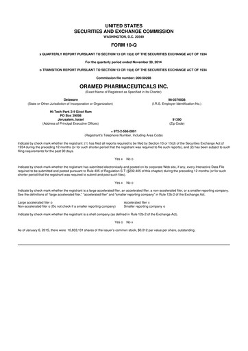 Miniature Oramed Pharmaceuticals 10-Q Rapport trimestriel 2015 