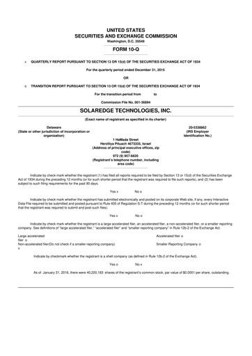 Thumbnail SolarEdge 10-Q Quarterly Report FY2016 