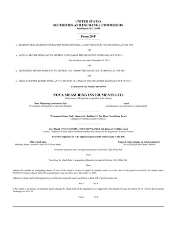 Thumbnail Nova Ltd.
 20-F Annual Report 2015