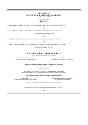 Thumbnail Nova Ltd.
 20-F Annual Report 2018