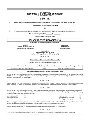 Thumbnail SolarEdge 10-Q Quarterly Report FY2022 