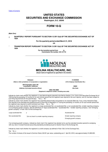 Thumbnail Molina Healthcare
 10-Q Quarterly Report FY2018 