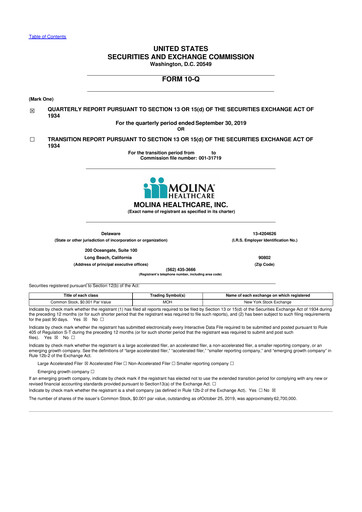 Thumbnail Molina Healthcare
 10-Q Quarterly Report FY2019 