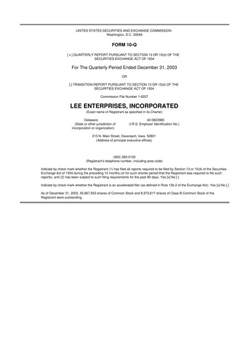 Thumbnail Lee Enterprises
 10-Q Quarterly Report FY 