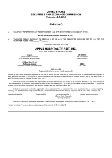 Thumbnail Apple Hospitality REIT
 10-Q Quarterly Report FY2015 