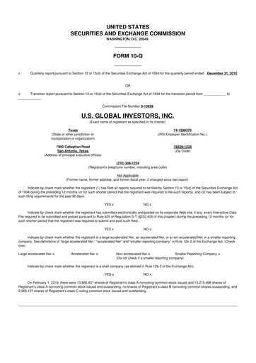Thumbnail U.S. Global Investors 10-Q Quarterly Report FY2016 
