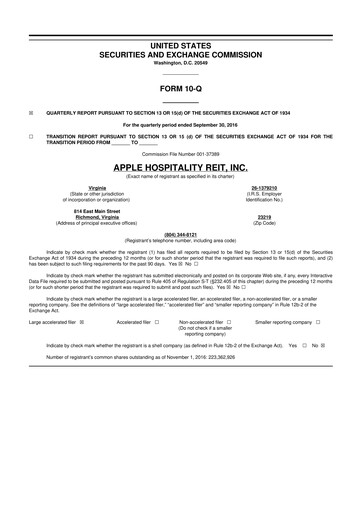 Thumbnail Apple Hospitality REIT
 10-Q Quarterly Report FY2016 
