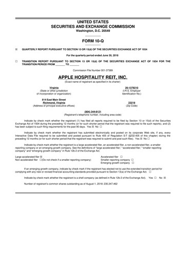 Thumbnail Apple Hospitality REIT
 10-Q Quarterly Report FY2018 
