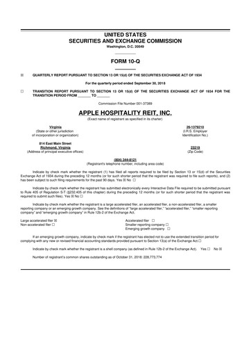 Thumbnail Apple Hospitality REIT
 10-Q Quarterly Report FY2018 