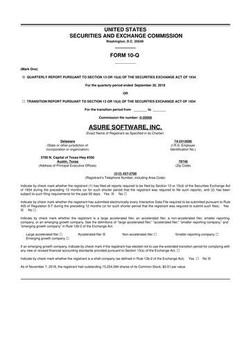 Miniature Asure Software
 10-Q Rapport trimestriel 2018 