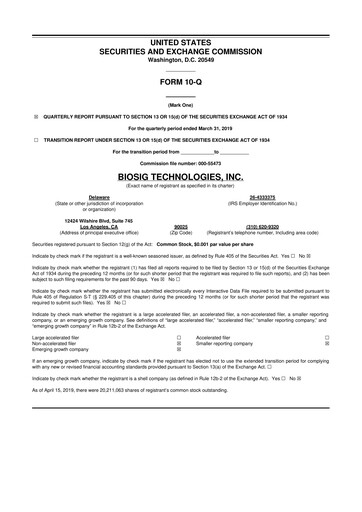 Thumbnail BioSig Technologies
 10-Q Quarterly Report FY2019 