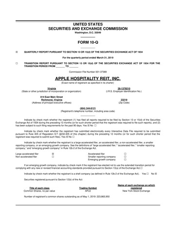 Thumbnail Apple Hospitality REIT
 10-Q Quarterly Report FY2019 