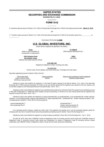 Thumbnail U.S. Global Investors 10-Q Quarterly Report FY2019 