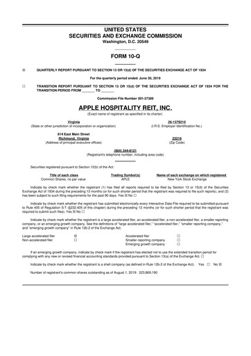 Thumbnail Apple Hospitality REIT
 10-Q Quarterly Report FY2019 