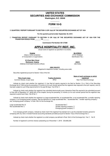 Thumbnail Apple Hospitality REIT
 10-Q Quarterly Report FY2019 