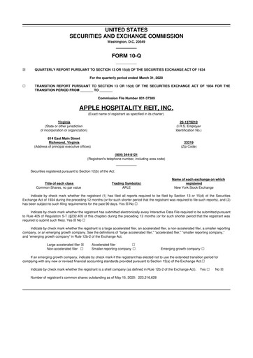 Thumbnail Apple Hospitality REIT
 10-Q Quarterly Report FY2020 