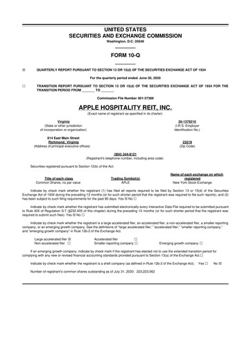 Thumbnail Apple Hospitality REIT
 10-Q Quarterly Report FY2020 