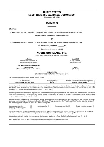 Miniature Asure Software
 10-Q Rapport trimestriel 2020 