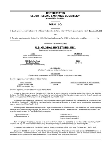 Thumbnail U.S. Global Investors 10-Q Quarterly Report FY2021 